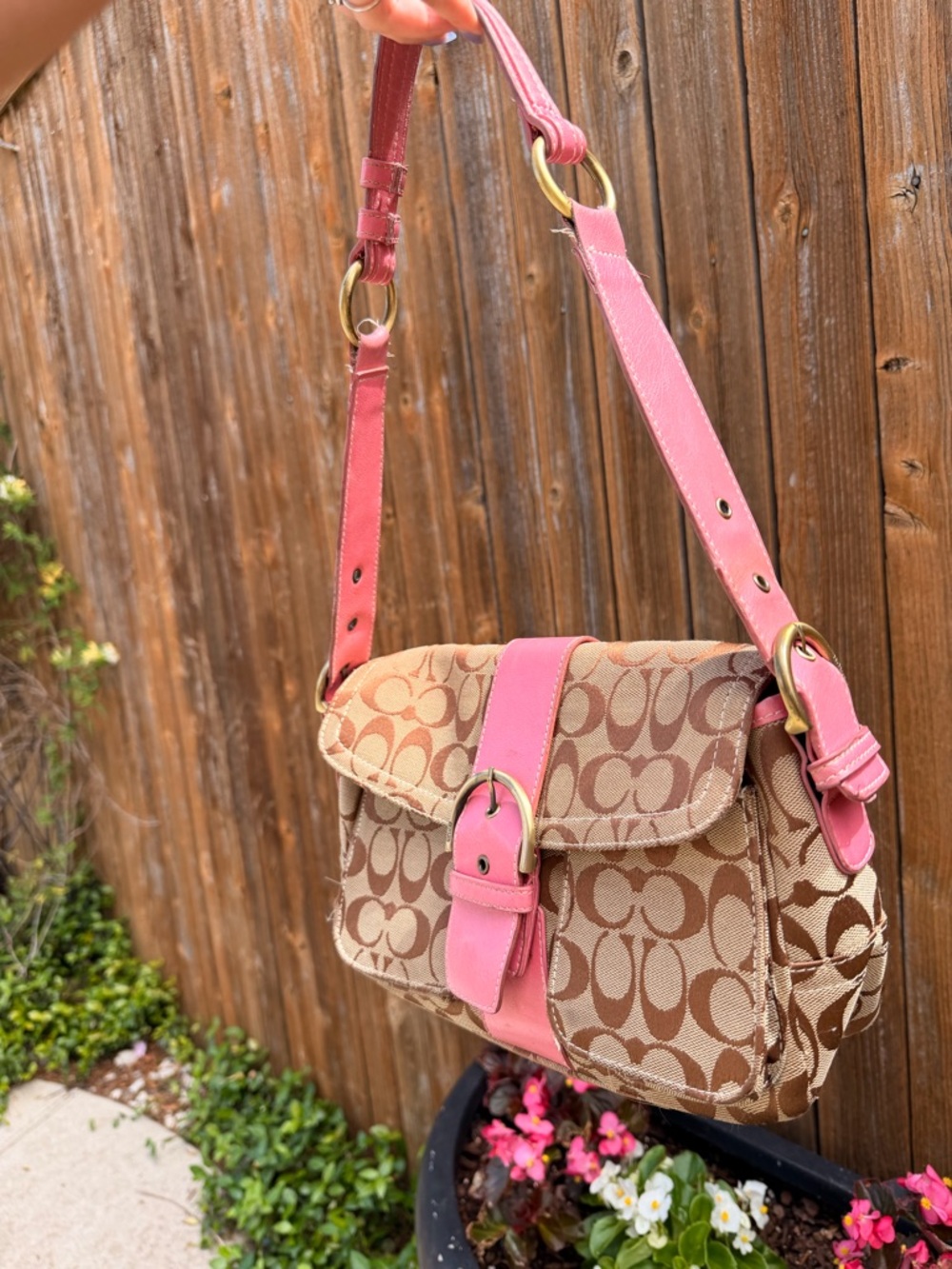 Coach Beige Signature Canvas Shoulder Bag with Pink Trim